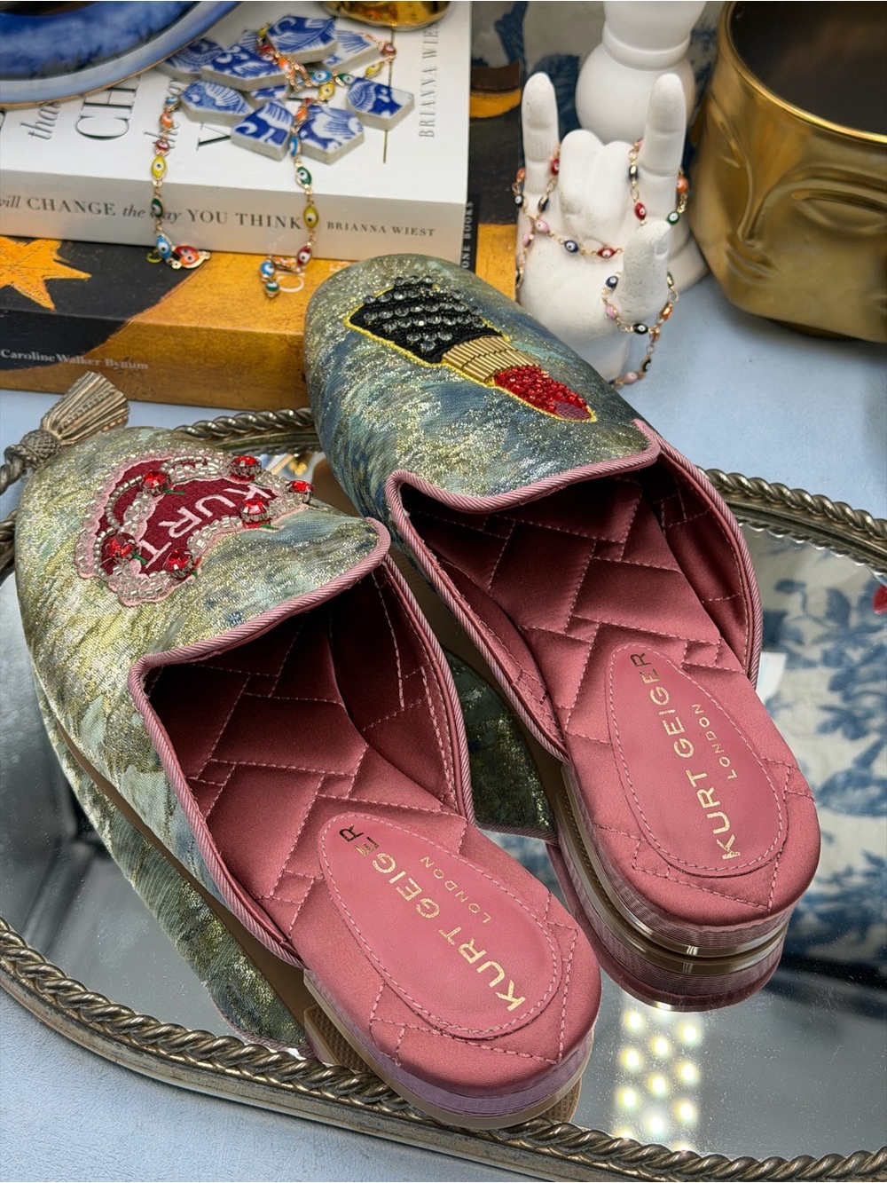 🆕 KURT GEIGER LONDON 🧿 NWOB Pink Embroidered Slipper Shoes - Sz 37 US 7 - Picture 12 of 16